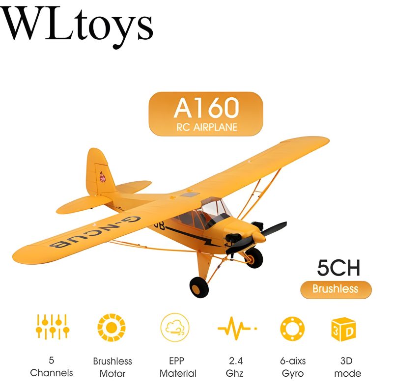 WLtoys A160 J3-CUB RC Plane with brushless motor, RTF setup, and durable EPP foam for high-speed flights.