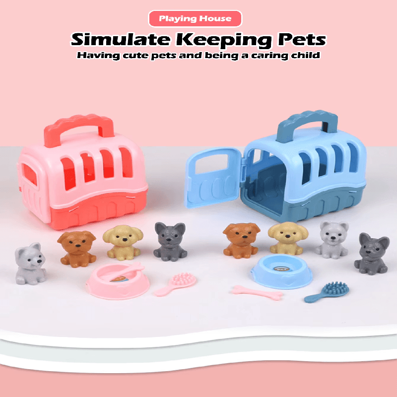 8pcs Dog Doll Toy Set - Cute Pet Basket & Cage Scene