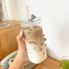 Square Glass Coffee Cup - Elegant with Lid & Straw