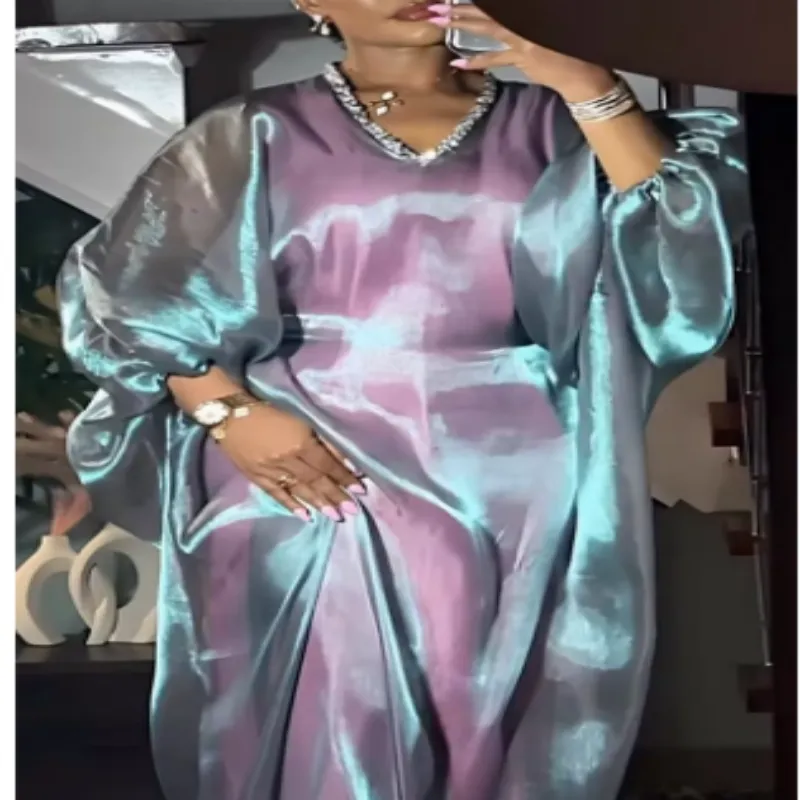 Plus Size Green Glitter Maxi Dress - Long sleeve V-neck lantern sleeve party dress.