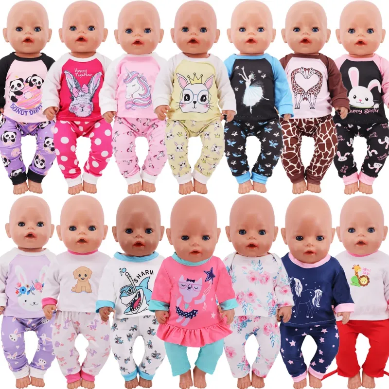 Collection of colorful and playful 18 inch doll pajamas featuring various fun designs like pandas, unicorns, bunnies, and more.