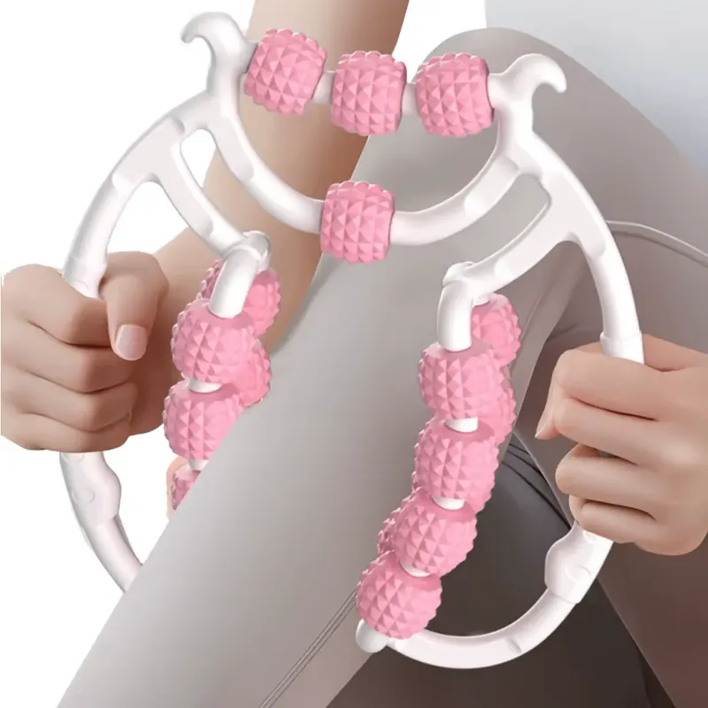 Person using a 360-degree muscle roller massager on their leg for targeted muscle relief.