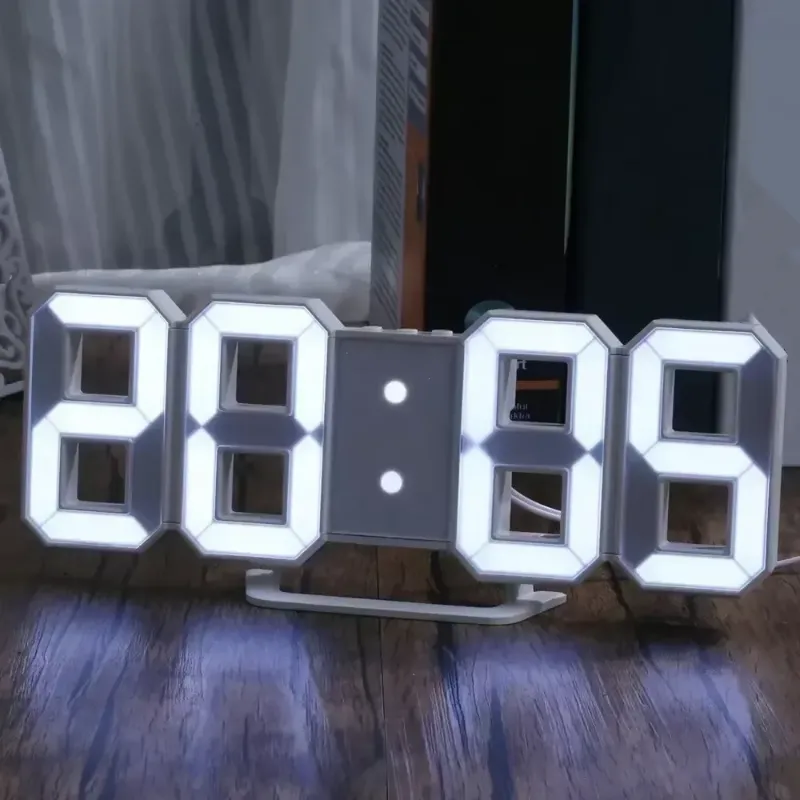 Close-up view of the 3D LED digital clock, showcasing its bright, illuminated digits and sleek design.