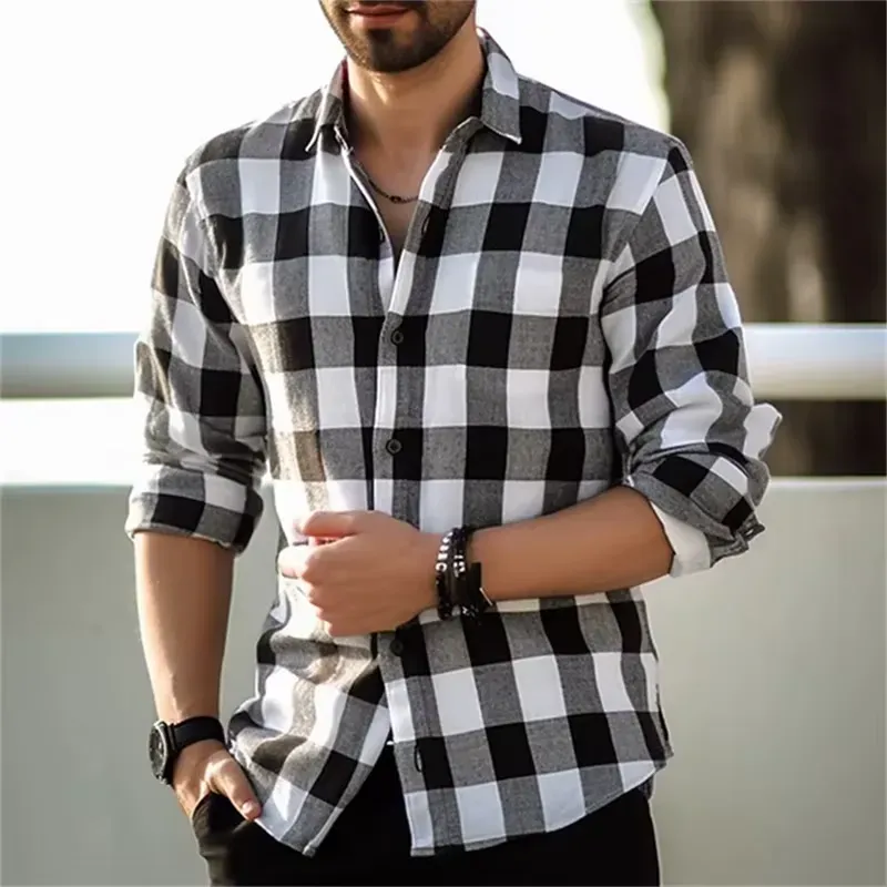 3D Printed Checkered Shirt Men in sleek black and white, offering a timeless plaid look.