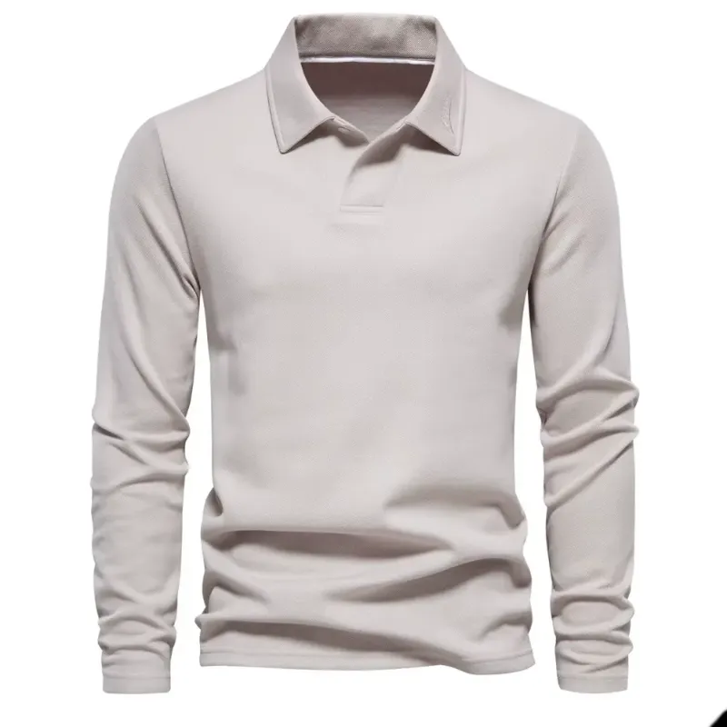 AIOPESON Embroidery Polo Shirt in pure white, featuring a classic long-sleeve design with a crisp polo collar.