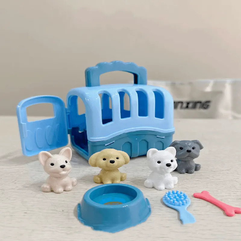 Blue cute dog pet basket with matching accessories, including miniature dogs, a feeding bowl, and a grooming brush.