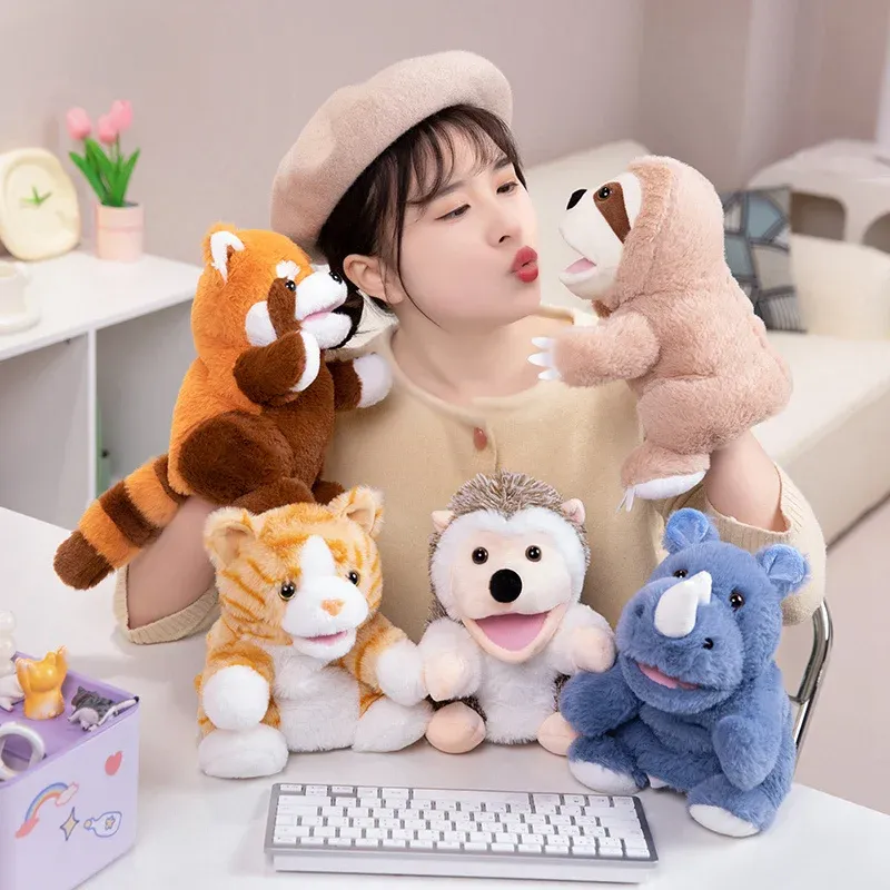 Set of diverse animal finger puppets, including a red panda, sloth, hedgehog, and rhinoceros, promoting imaginative play and learning.