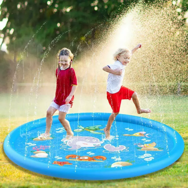 Kids Playing on Inflatable Sprinkler Mat in Backyard
