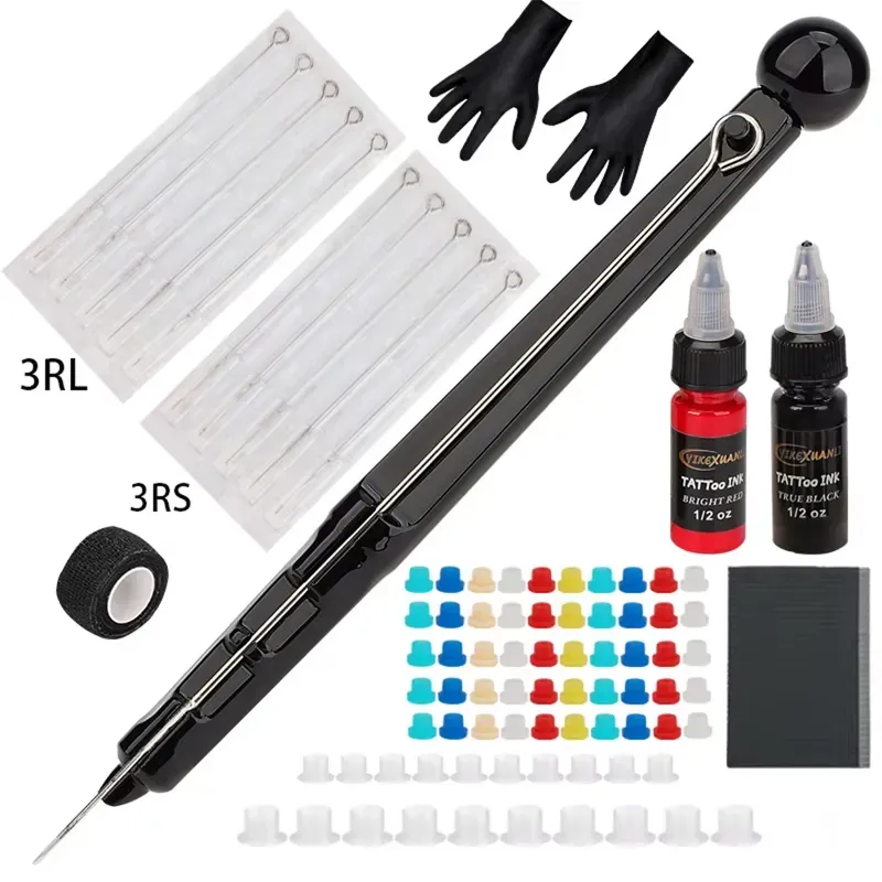 Professional Hand Poke Kit with 3RL/3RS Needles and Tattoo Jim Inks