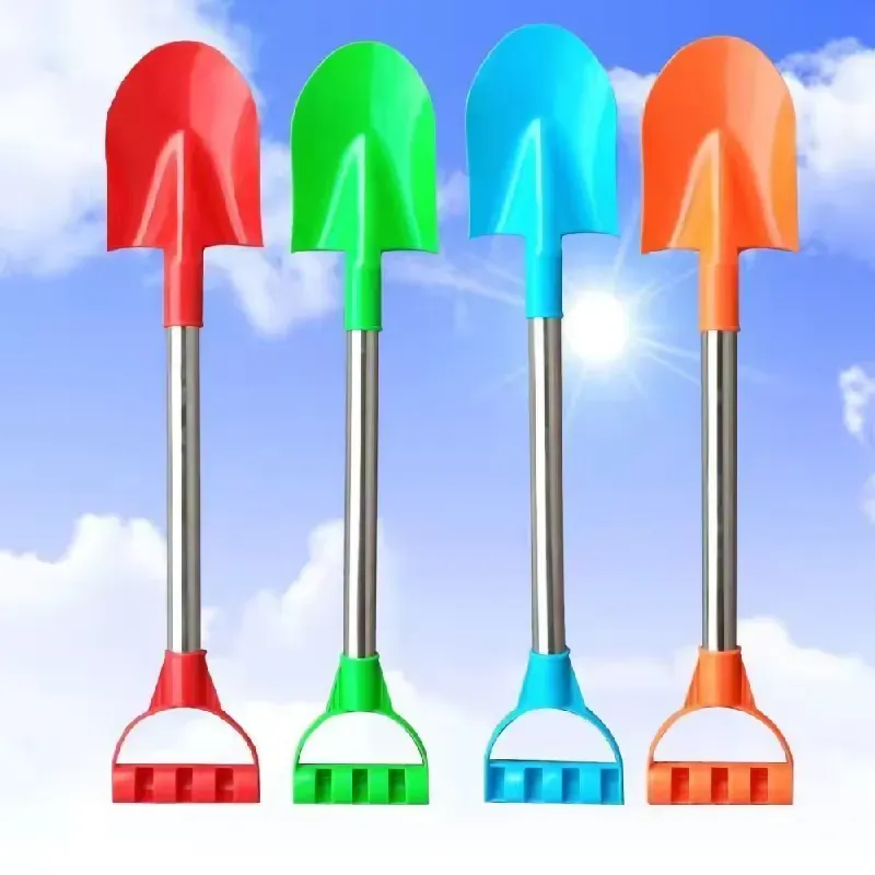 Four colorful kids' beach shovels with stainless steel handles, including red, green, blue, and orange options.