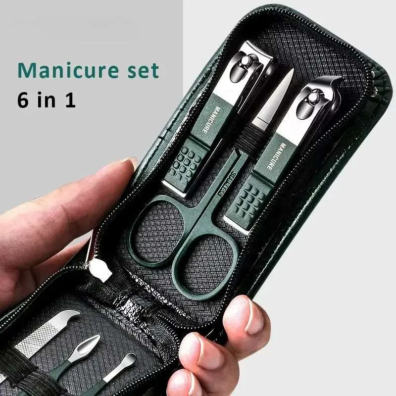 Hand holding the Portable Luxury Manicure Set – 6 tools in a sleek black case.