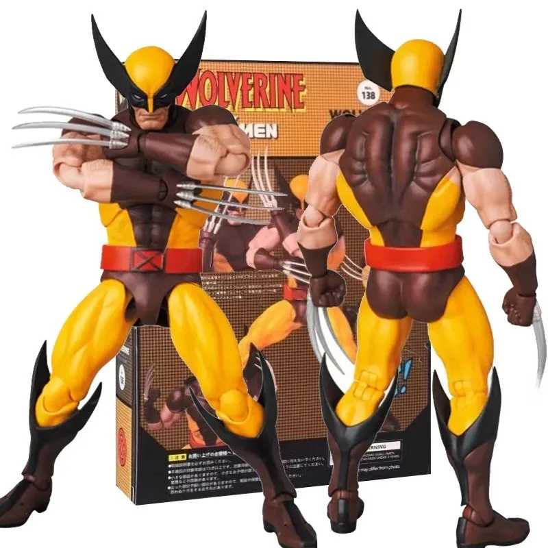 Mafex 138 Deadpool Wolverine figure displayed alongside its packaging, highlighting its detailed design.