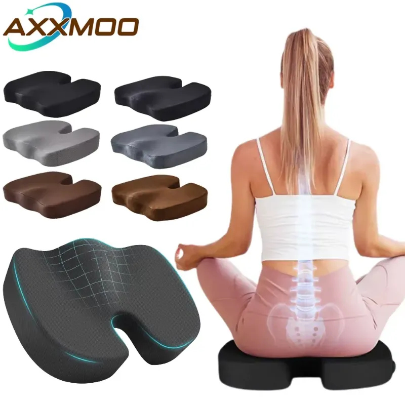 AXXMOO ergonomic memory foam coccyx cushions in various colors for enhanced comfort and style.