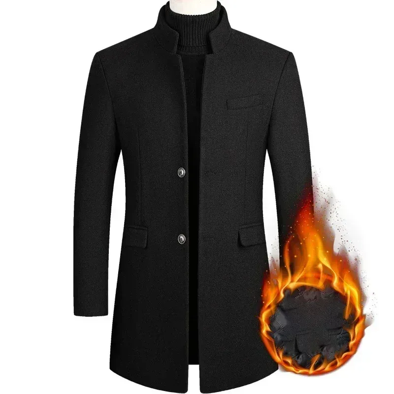 Men's classic black Chinese-style coat with a high collar and thickened cotton lining for warmth.