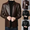 A collage showcasing different styles and colors of men's faux leather jackets, including black and brown options.