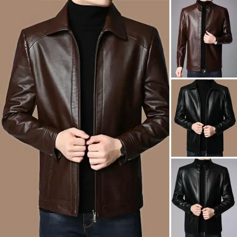 A collage showcasing different styles and colors of men's faux leather jackets, including black and brown options.