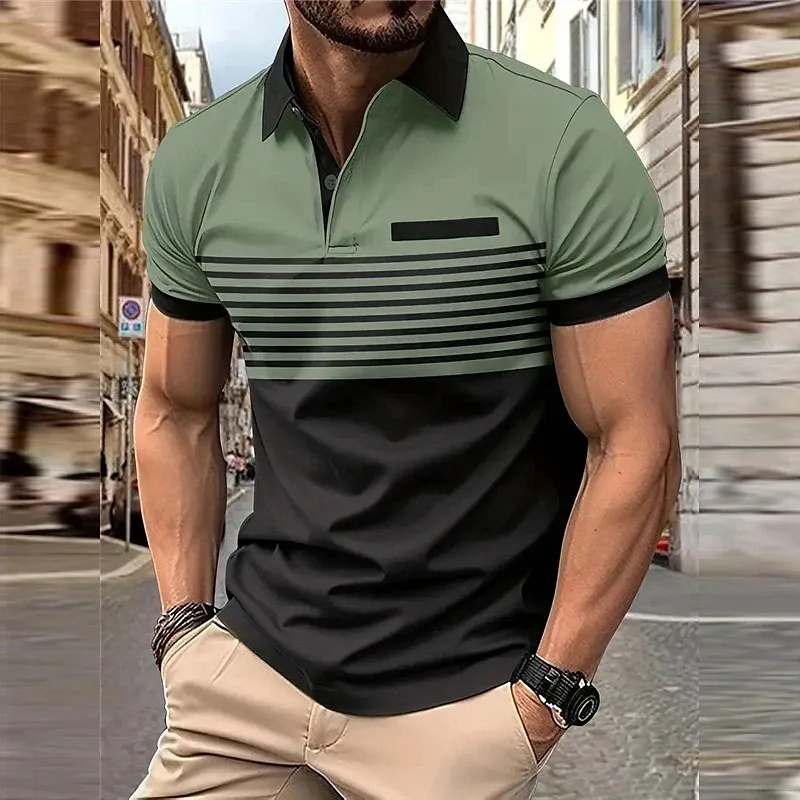 A man wearing a stylish men's polo shirt in green with black accents, featuring a striped design on the chest.