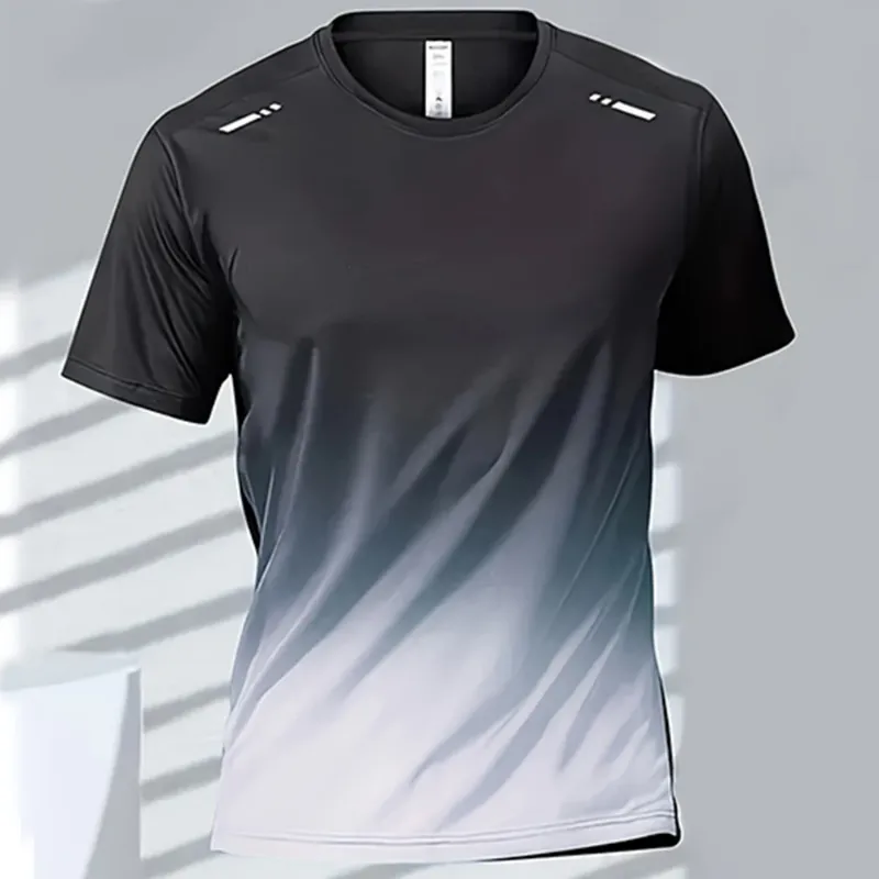 A men's quick dry shirt with a gradient design that shifts from black at the top to white at the bottom.