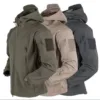 Versatile military tactical jackets in olive green, sand beige, and dark gray, featuring multiple pockets and a hood.