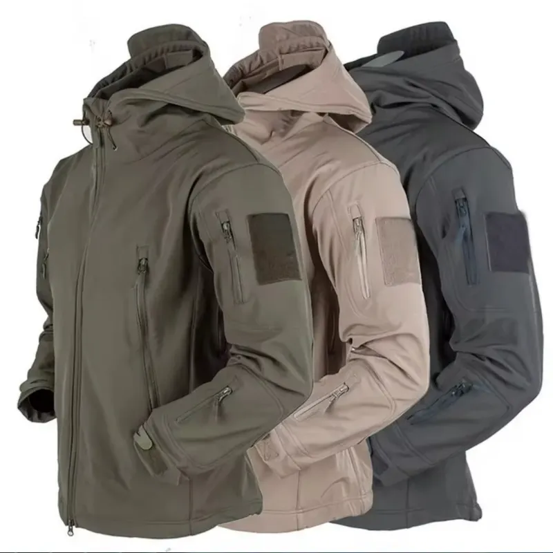 Versatile military tactical jackets in olive green, sand beige, and dark gray, featuring multiple pockets and a hood.