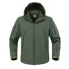 Men's Olive Green Military Tactical Jacket with Hood and Multiple Pockets.