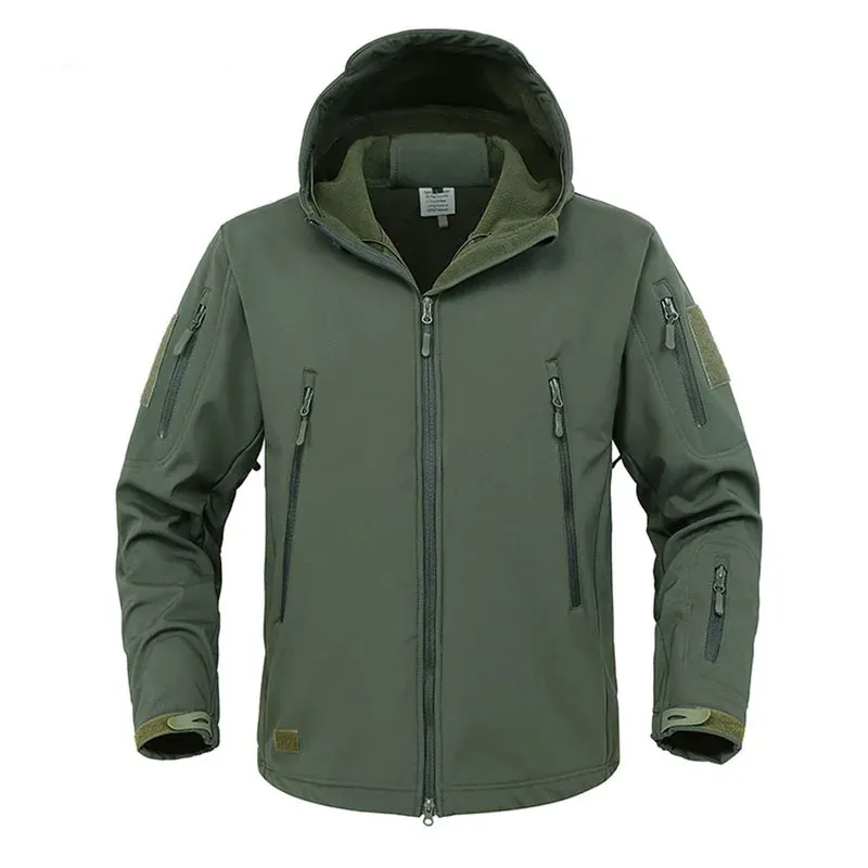 Men's Olive Green Military Tactical Jacket with Hood and Multiple Pockets.