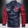PU leather motorcycle jacket in navy blue and red, featuring bold lettering and a stylish design.