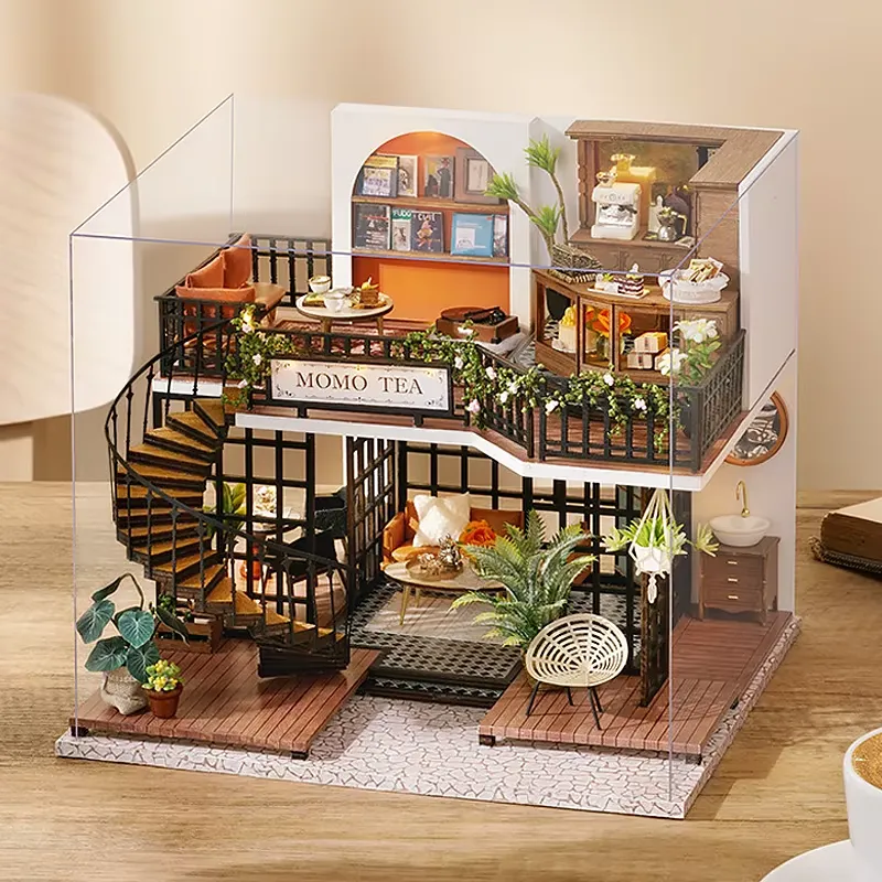 Wooden Miniature Dollhouse - DIY flower house with LED lighting and tiny decor