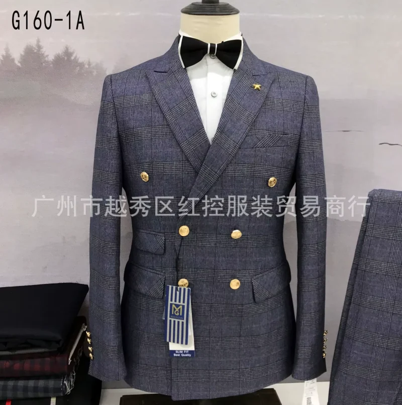 Fashion Plaid Slim Fit Double-Breasted Men's Suit – Stylish plaid design, perfect for weddings and formal occasions.