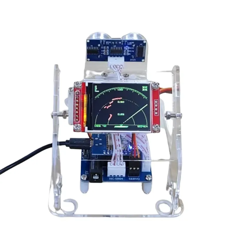 Acrylic Mini Radar Robot - Advanced Ultrasonic Radar Toy - A close-up of a sleek, compact robot with ultrasonic sensors, acrylic construction, and programmable functionality.