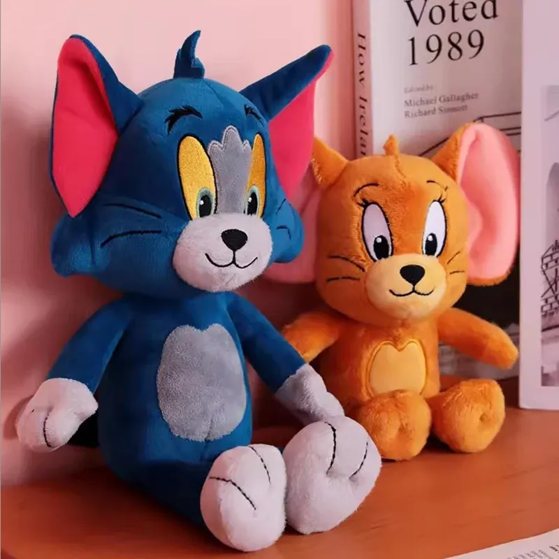Tom and Jerry plush toys displayed on a cozy shelf, surrounded by books and decor.