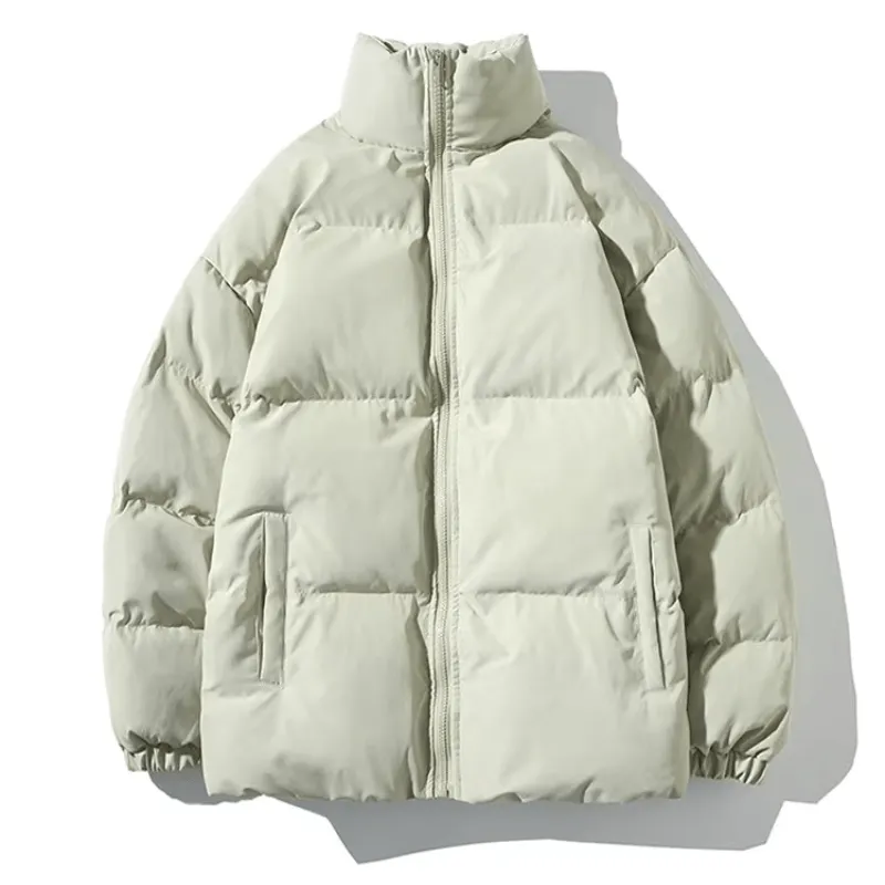 A light beige men's winter parka jacket with a high collar, front zipper closure, and multiple pockets.