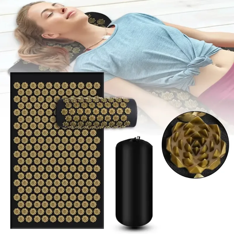 User lying on an acupressure yoga massage mat, demonstrating its effectiveness in relieving back and neck tension.