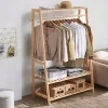 Bamboo Garment Coat Clothes Hanging Rack with Top Shelf & Shoe Storage