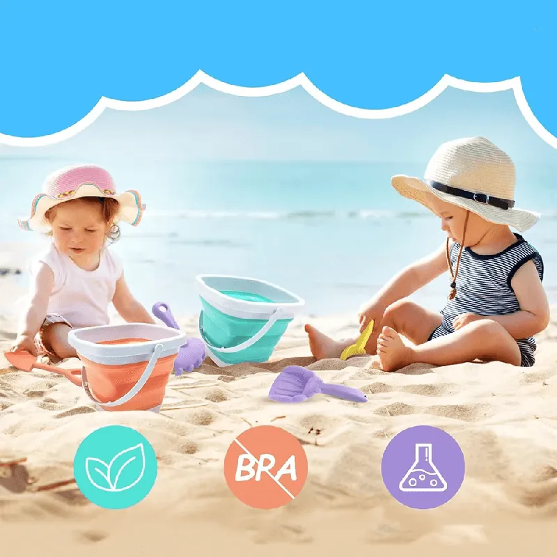 Two children enjoying beach play with colorful buckets, shovels, and other beach toys.