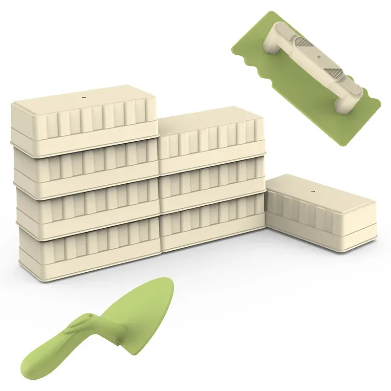 Beach toys set for kids featuring a stackable sand mold, trowel, and rectangular tool with ergonomic handles.