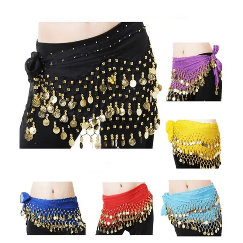 Versatile belly dancing coin belts in multiple colors, each adorned with shimmering gold coins.