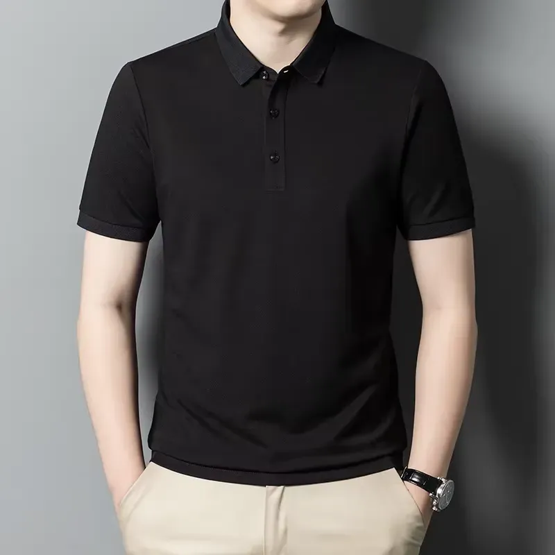 Breathable Ice Silk Polo in black, worn by a model to showcase its stylish and comfortable fit.