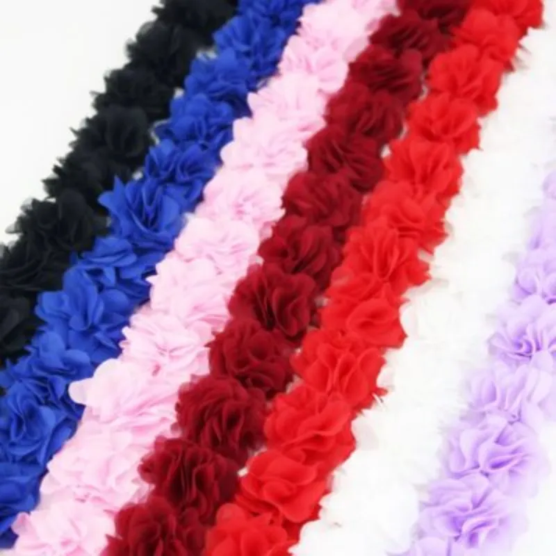 Chiffon Lace Fabric Ribbons with Ruffled Flower Embellishments in Black, Blue, Pink, Red, White, and Purple.