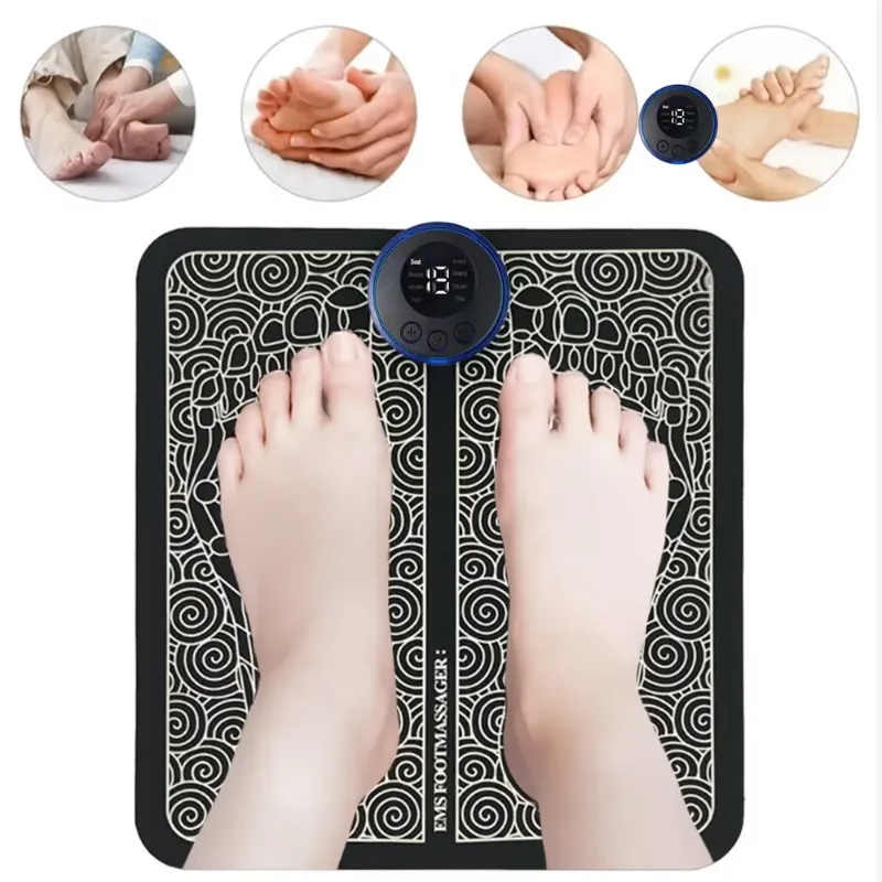 Feet placed on an electric foot massage mat showcasing its effectiveness.