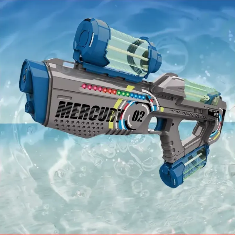 The Mercury Electric Water Gun, featuring vibrant colors and LED lights, spraying water with precision in a pool setting.