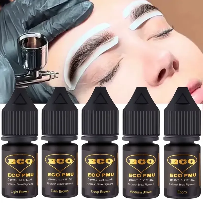 Professional ECO PMU airbrush brow pigments in various shades for precise eyebrow enhancement.