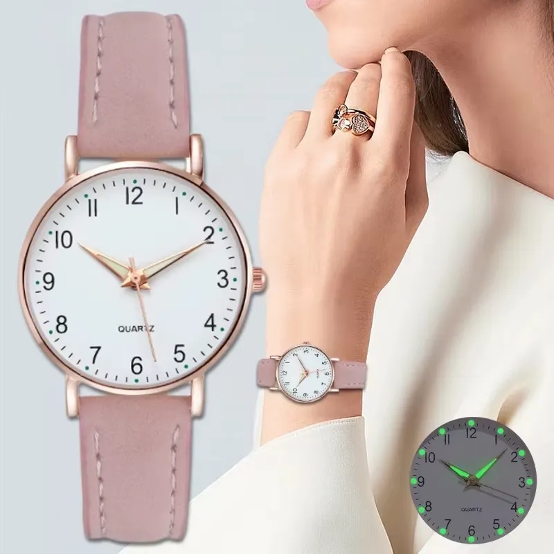 Casual leather band ladies watch with Arabic numerals and small quartz dial - fashionable women's timepiece