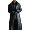 Black Faux Leather Trench Coat – a sleek and stylish long coat with a classic design.