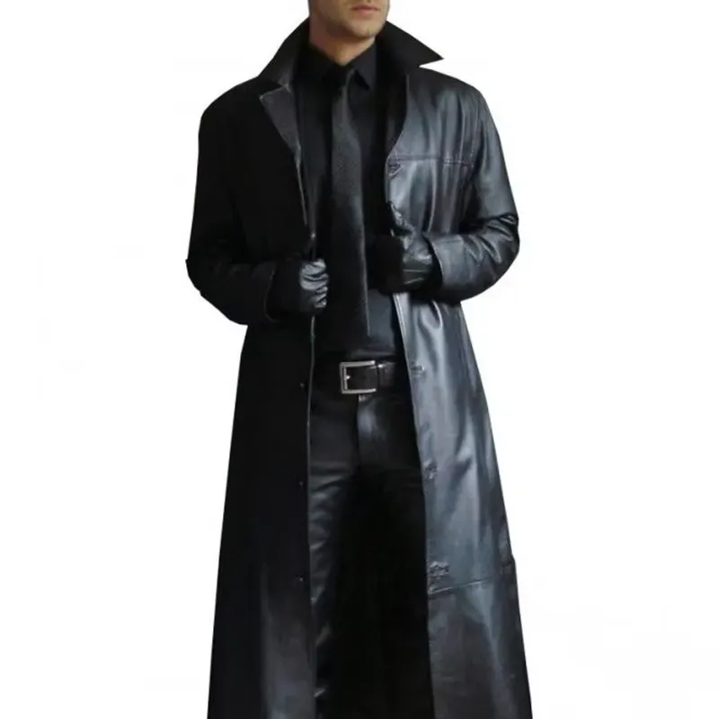 Black Faux Leather Trench Coat – a sleek and stylish long coat with a classic design.