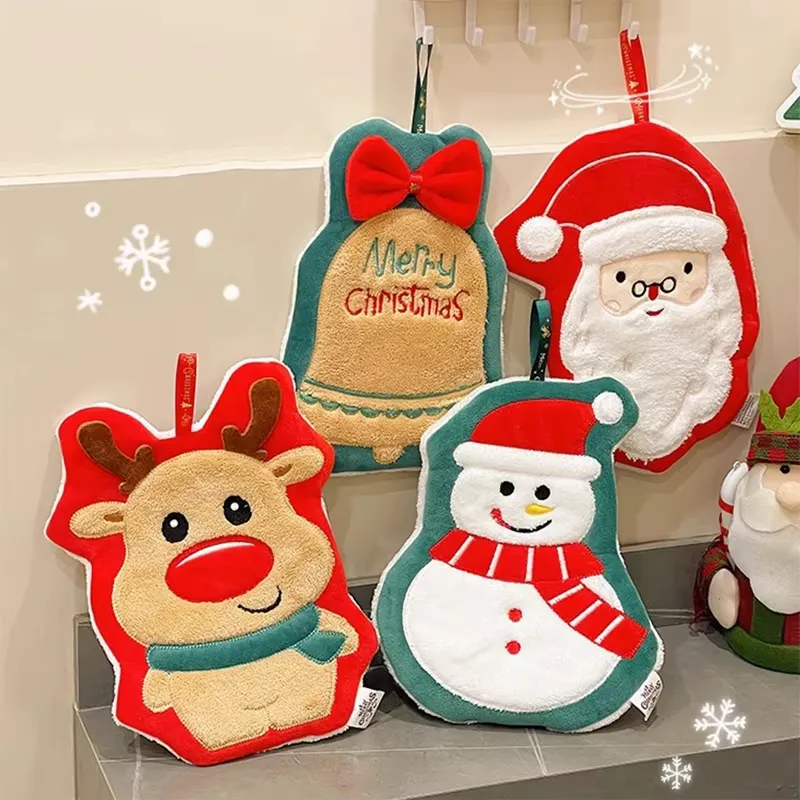 Snowman Christmas Towels: Festive holiday towels featuring a snowman, reindeer, and Santa Claus designs.