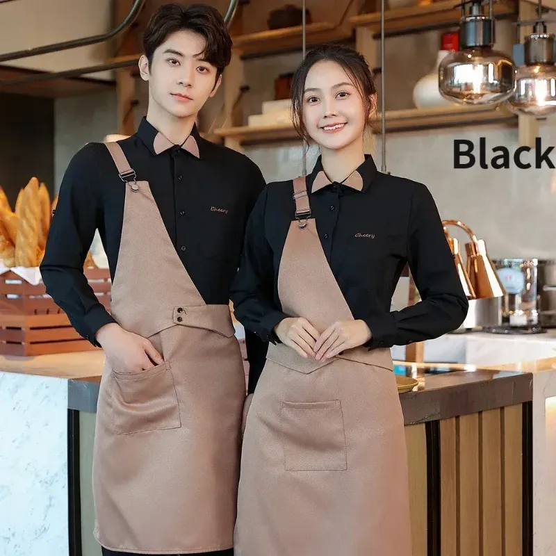 Long sleeve food service uniform set with apron worn by a hotel waiter in a professional kitchen