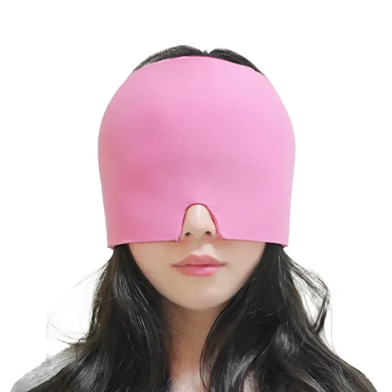 Pink gel cold head wrap worn low on forehead, emphasizing adjustable fit.