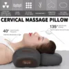 Features of the heated cervical neck massager pillow, including constant temperature hot compress, curve fitting, physical stretching, vibration massage, and soft elastic fitting.