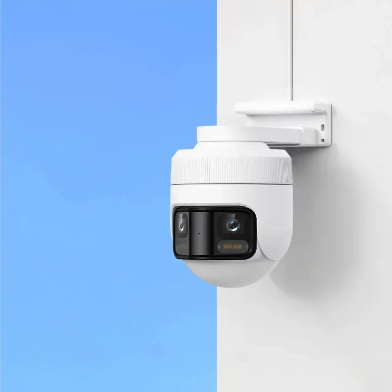 A sleek, white 180-degree panorama camera mounted on a wall, featuring dual lenses for enhanced surveillance capabilities.